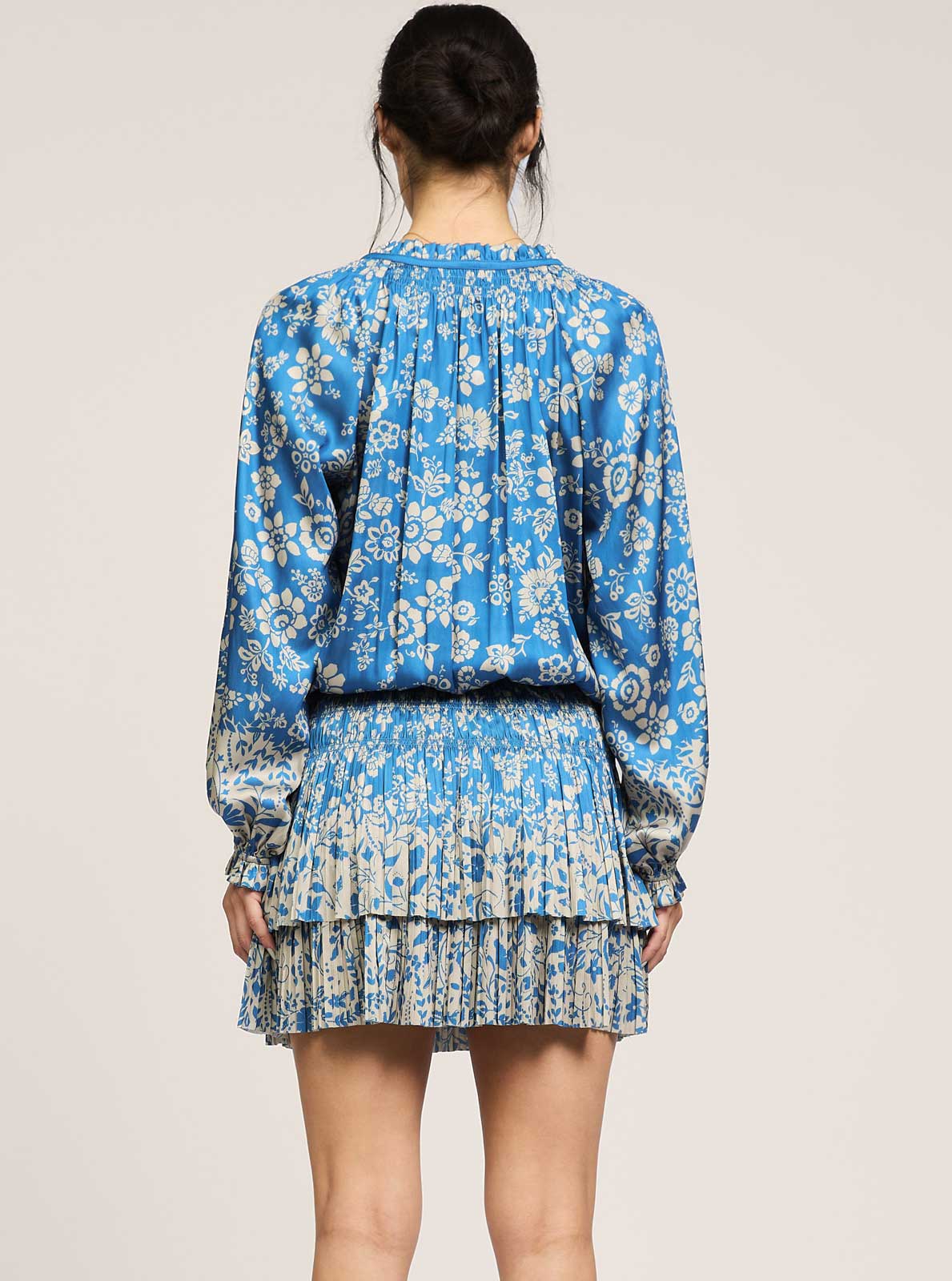 Floral Printed Pleated Mini Dress: Blue Taupe