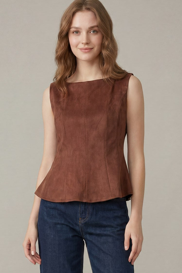 Mae Brown Suede Peplum Top