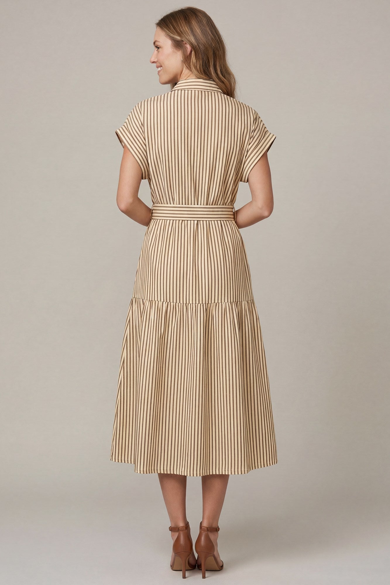 Louise Belted Striped Midi Dress in Mocha