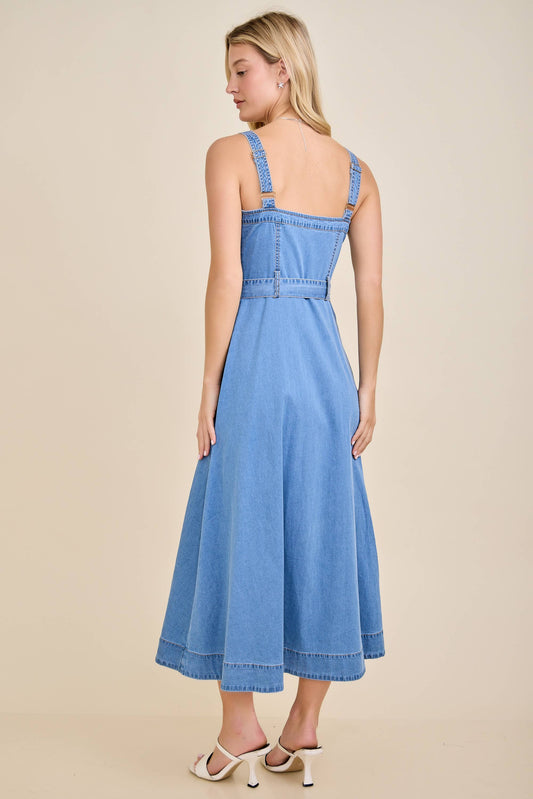 Amber Denim Belted Midi Dress
