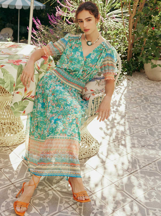 Floral Border Print Surplice Midi Dress: Green Multi