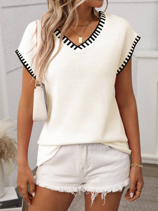 V-Neck Striped Sleeveless Sweater Vest: White