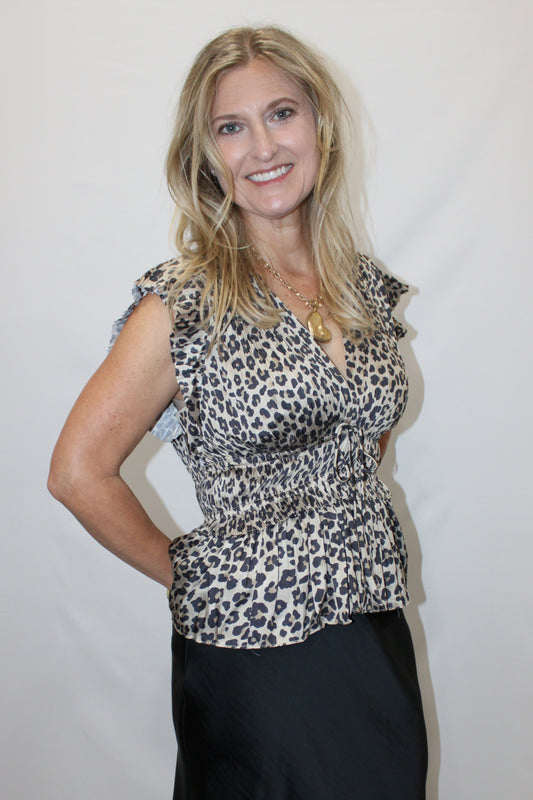 Smocked V-Neck Peplum Blouse - Leopard: Leopard