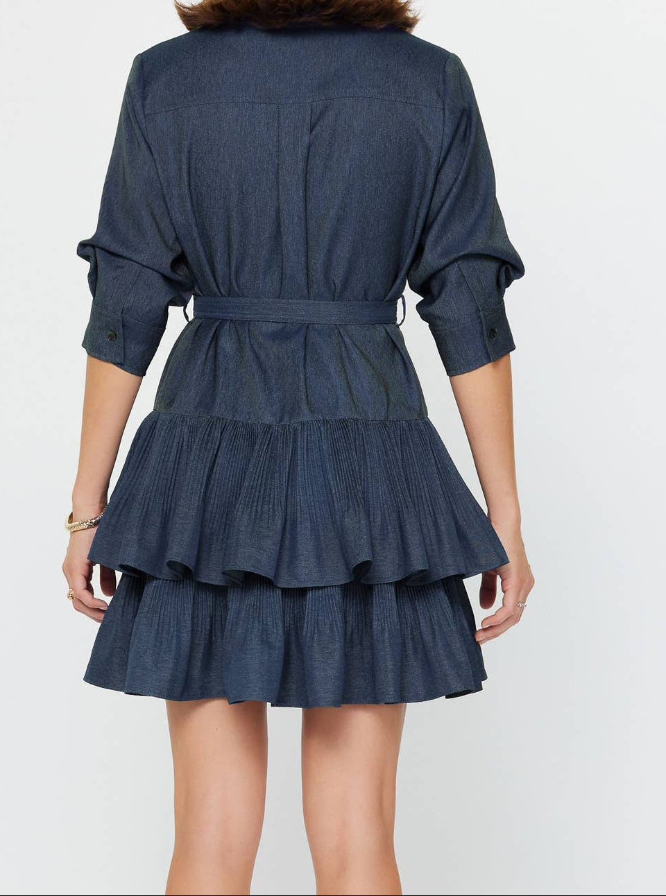 Denim Tiered Mini Shirt Dress: Denim