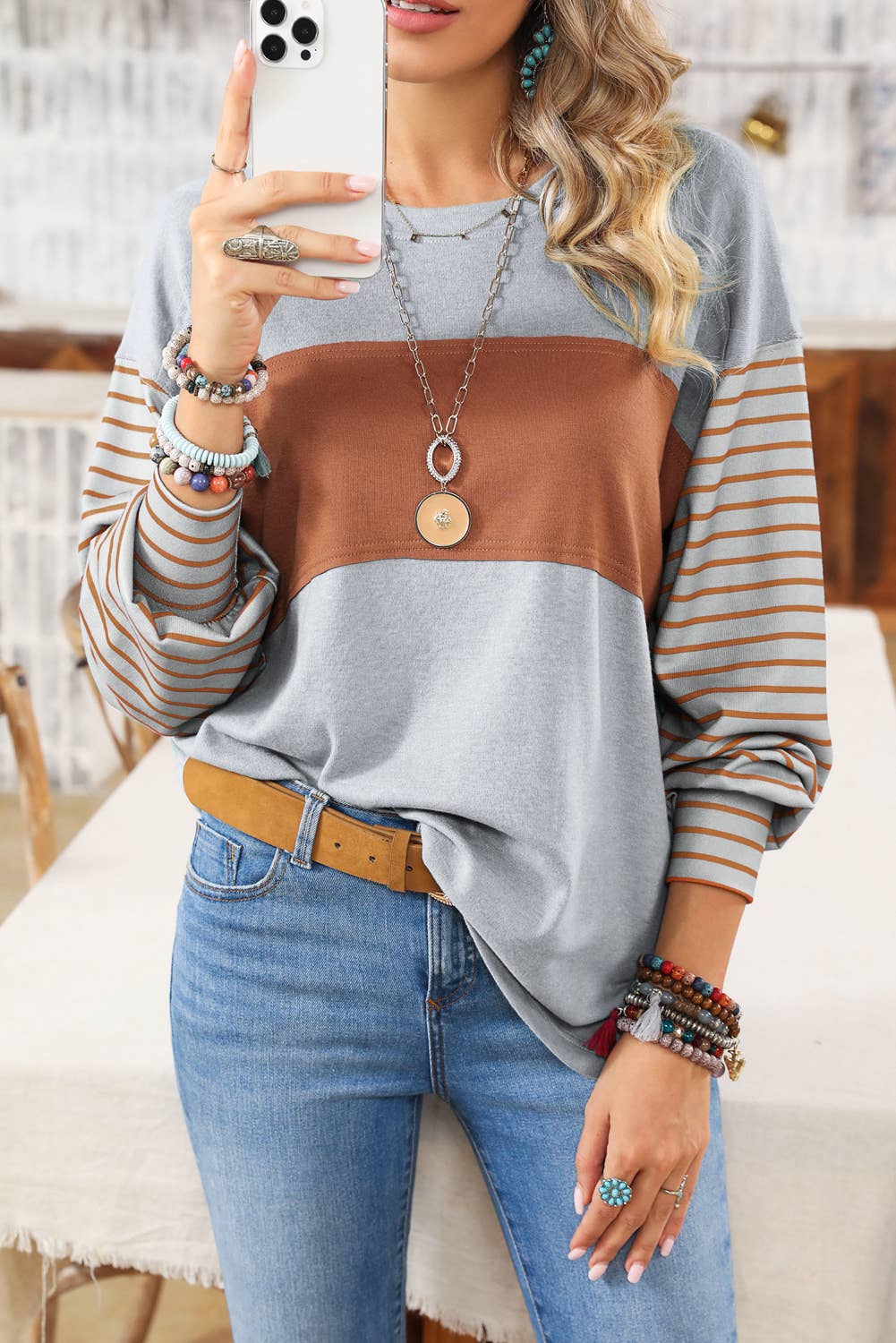 Colorblock Striped Bishop Sleeve Top - 4 Colors: Green / Missy / M