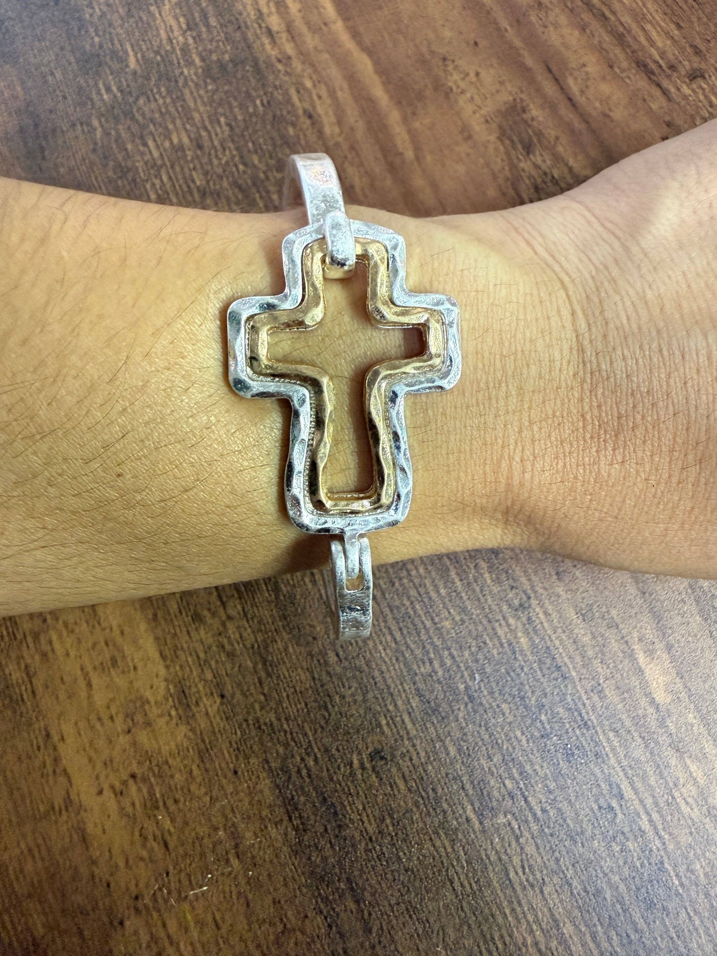 Mixed Metal Cross Cuff Bracelet