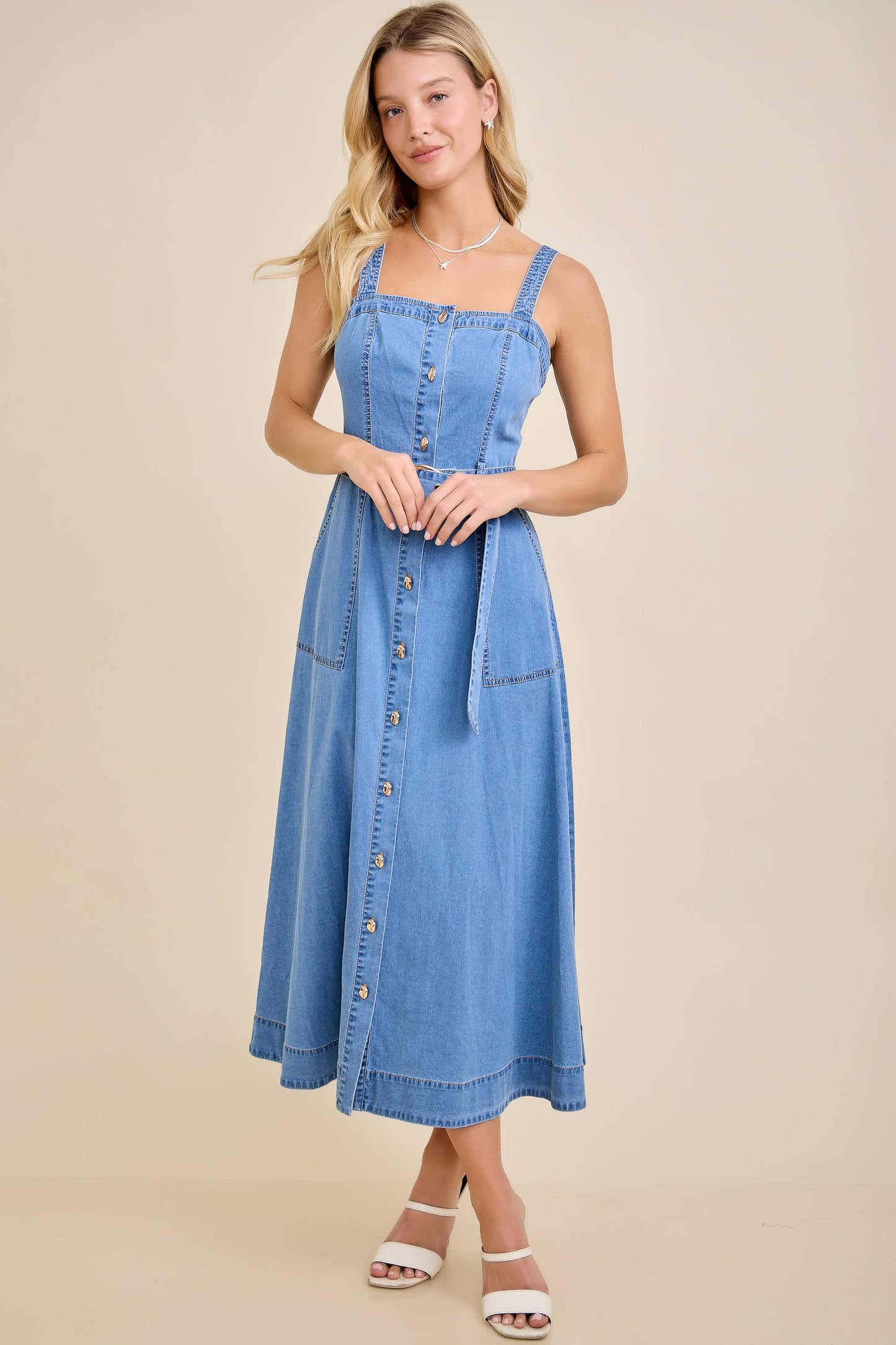 Amber Denim Belted Midi Dress