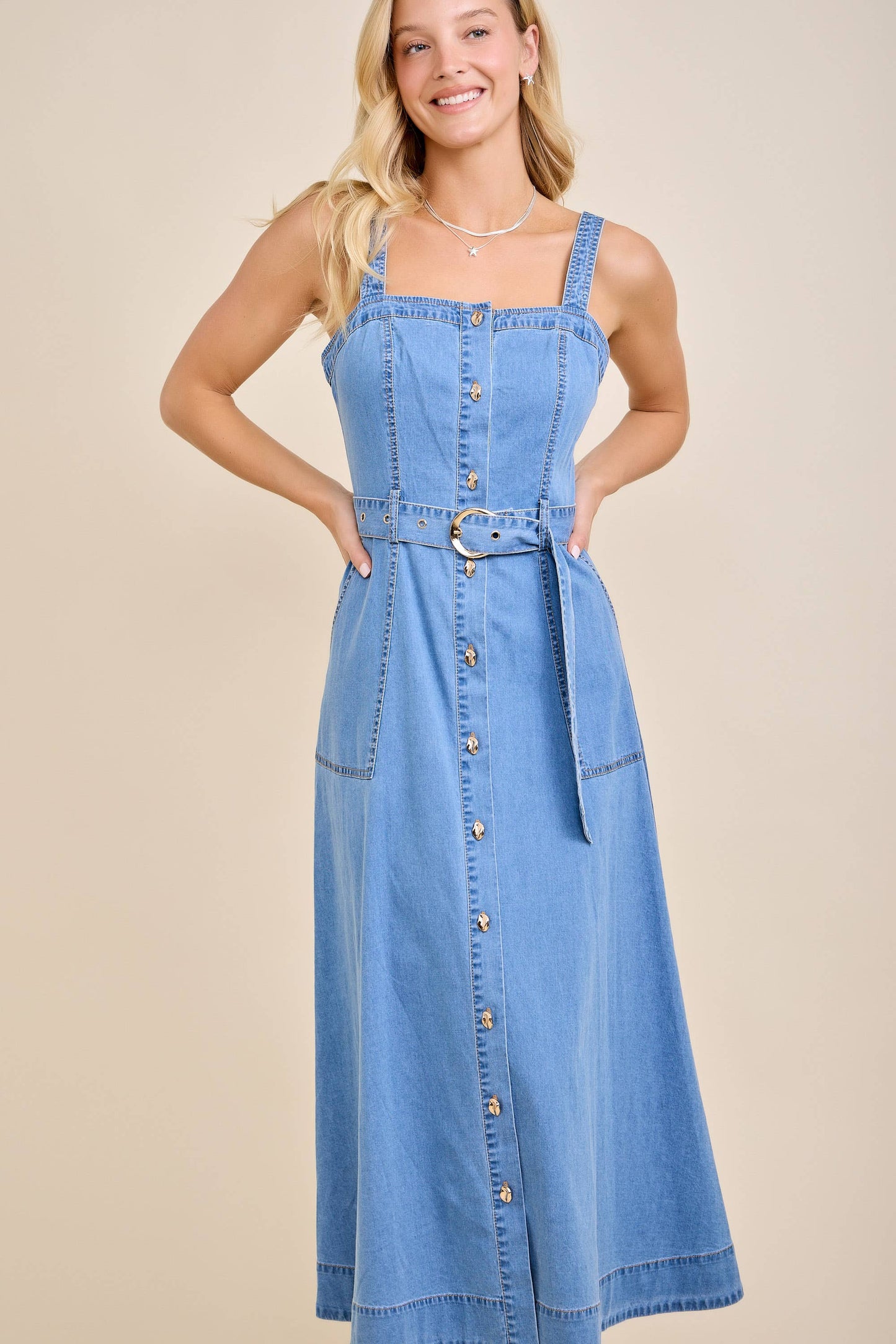 Amber Denim Belted Midi Dress