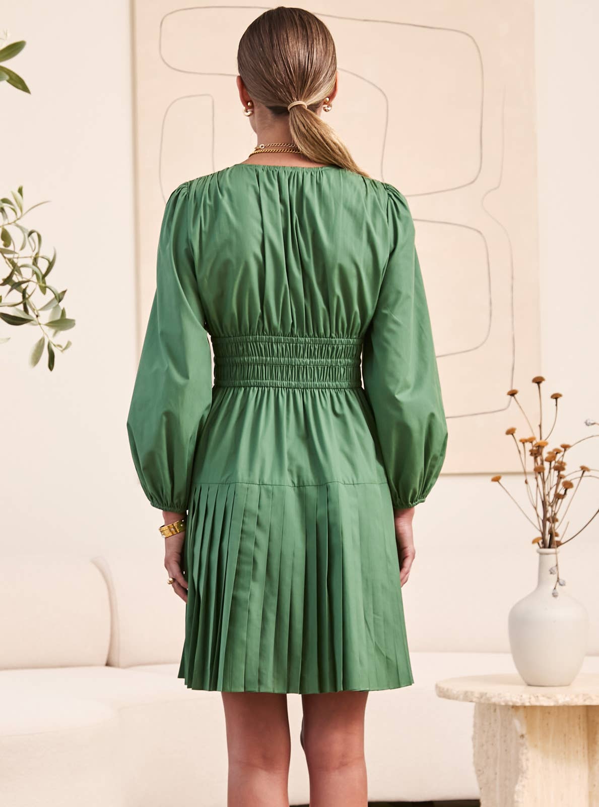V-Neck Gathered Waist Mini Dress: Dusty Green