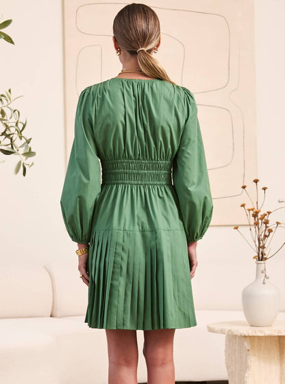 V-Neck Gathered Waist Mini Dress: Dusty Green