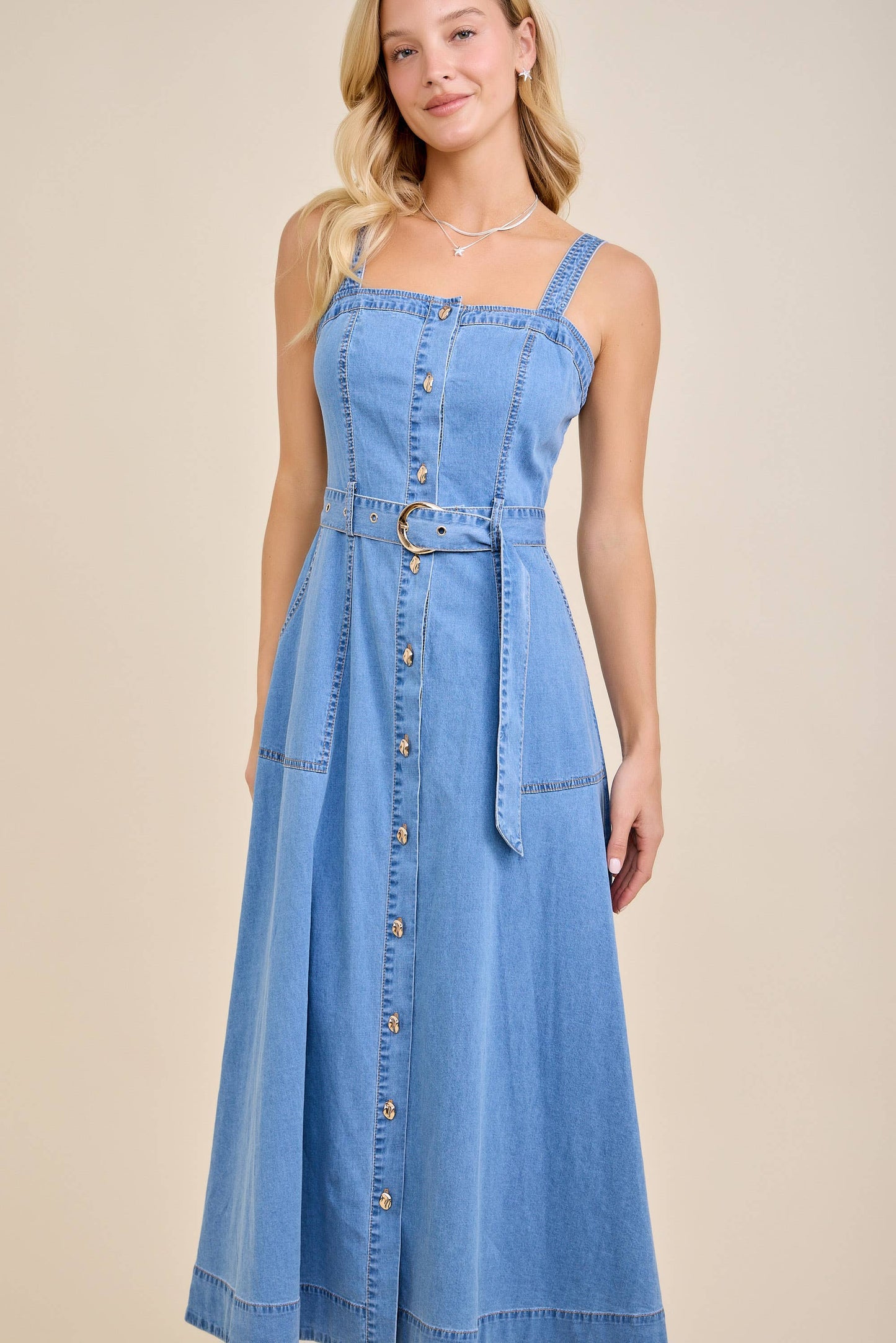 Amber Denim Belted Midi Dress