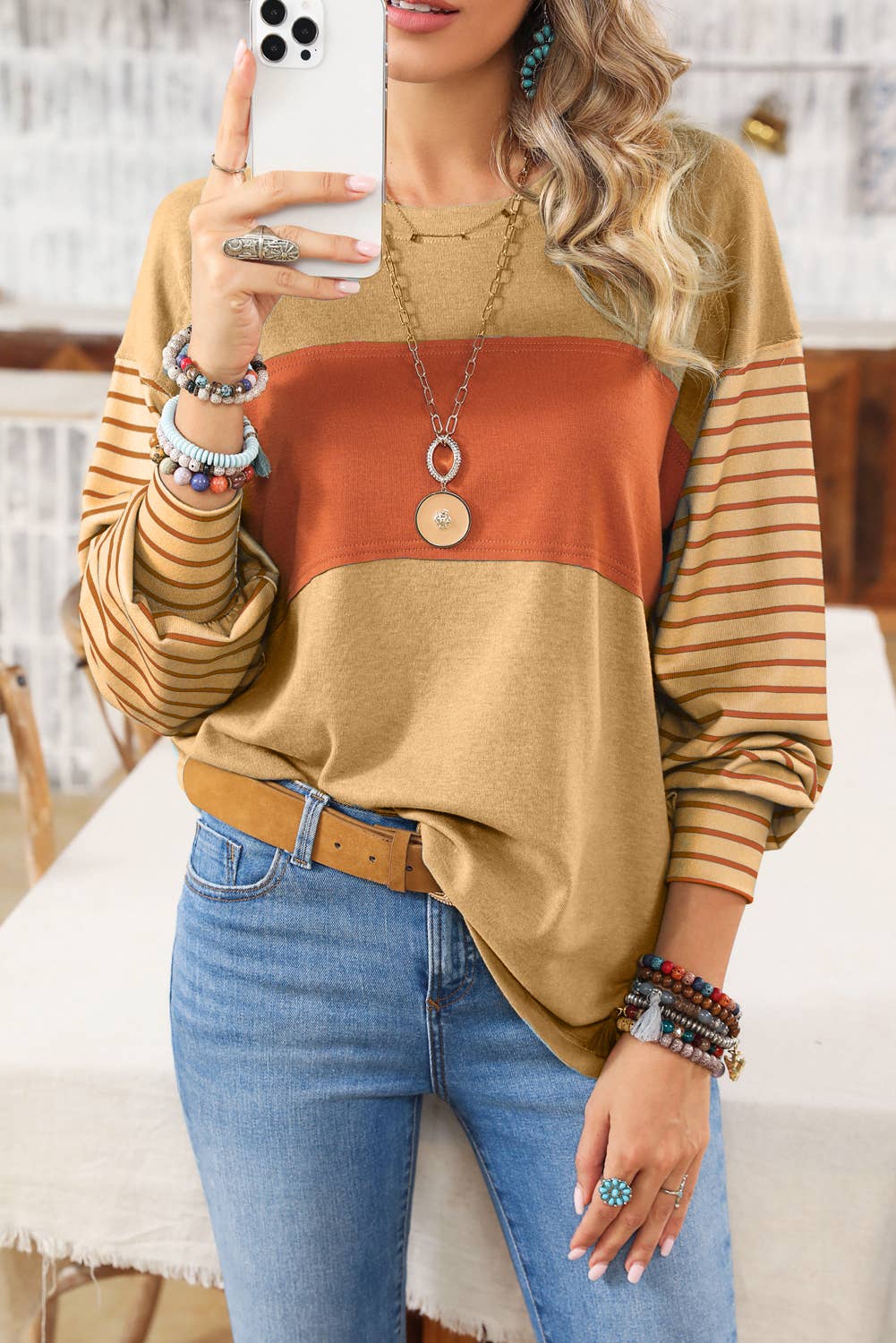 Colorblock Striped Bishop Sleeve Top - 4 Colors: Green / Missy / M