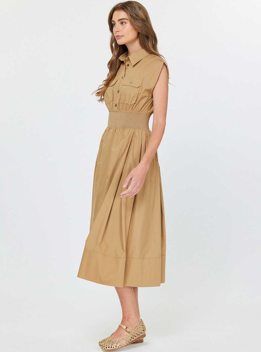 Cap Sleeve Midi Length Shirt Dress: Latte