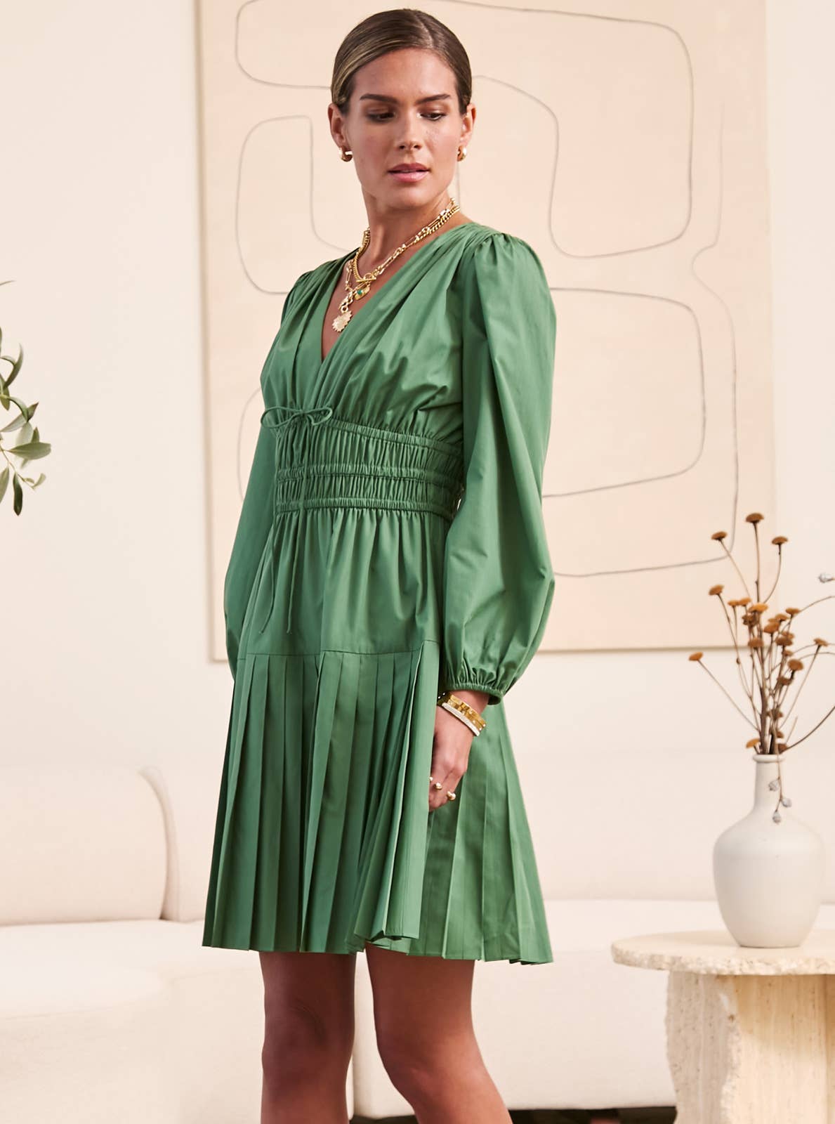 V-Neck Gathered Waist Mini Dress: Dusty Green