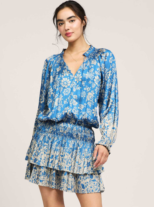 Floral Printed Pleated Mini Dress: Blue Taupe