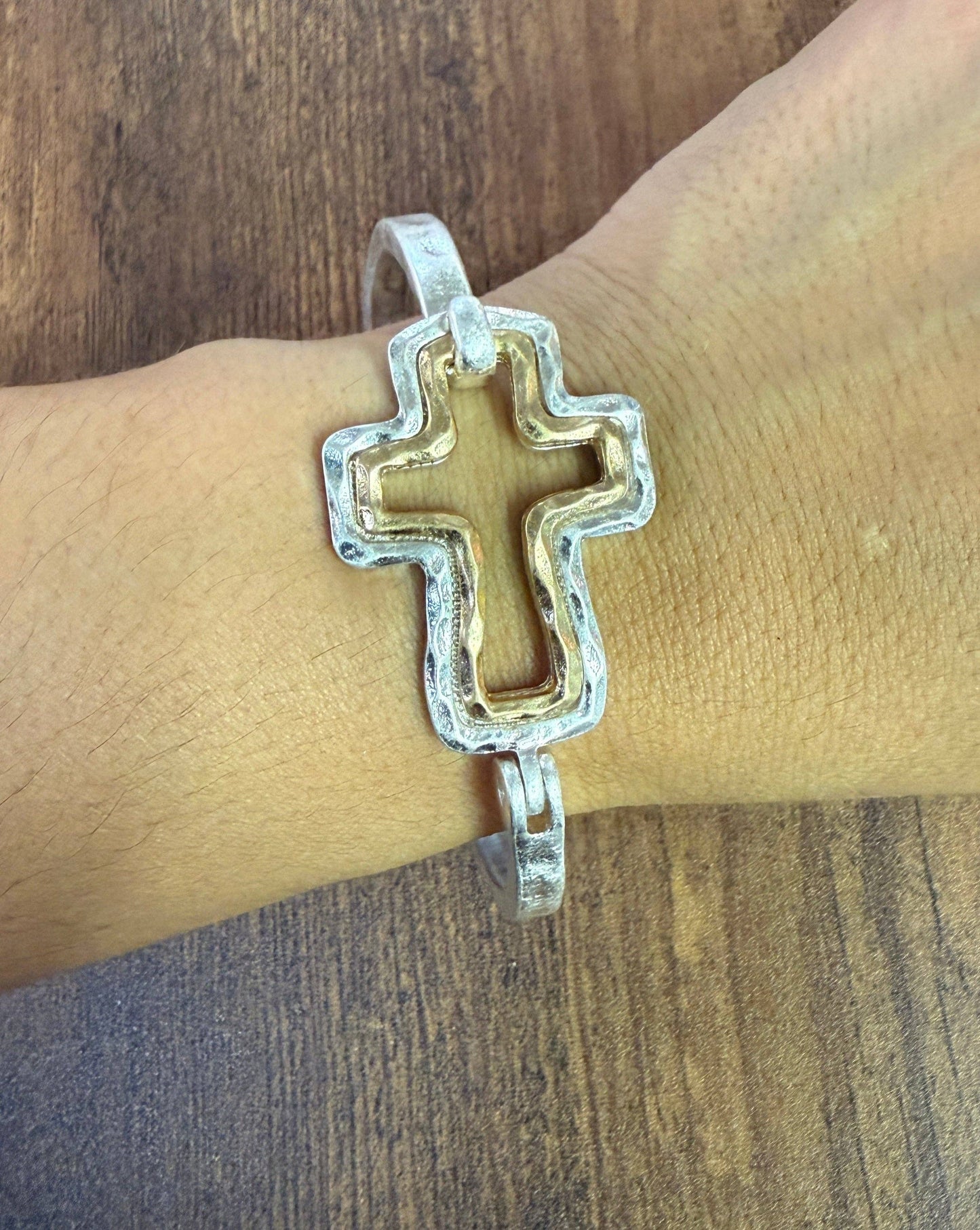 Mixed Metal Cross Cuff Bracelet