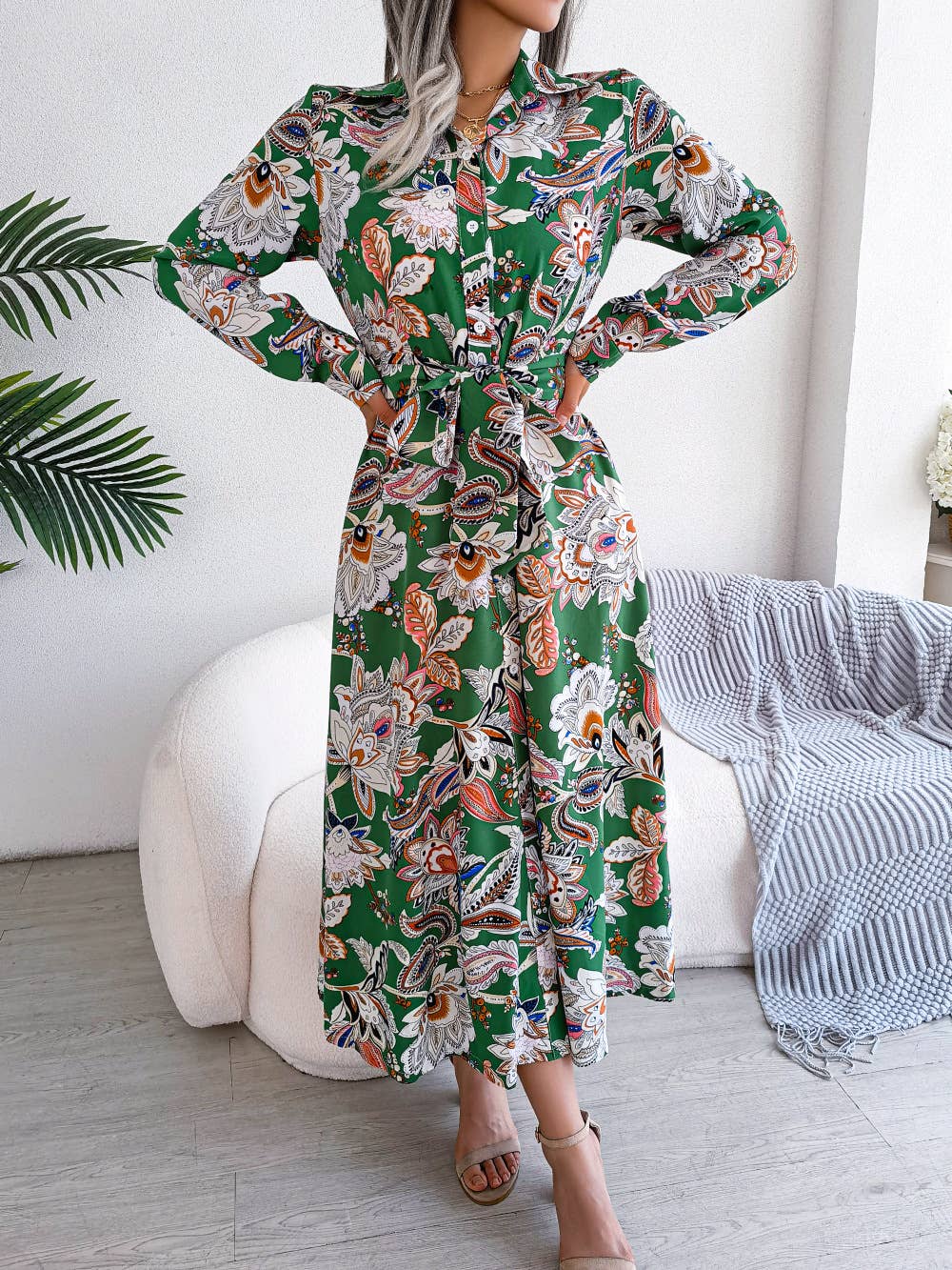 Paisley Print Tie-Waist Midi Shirt Dress