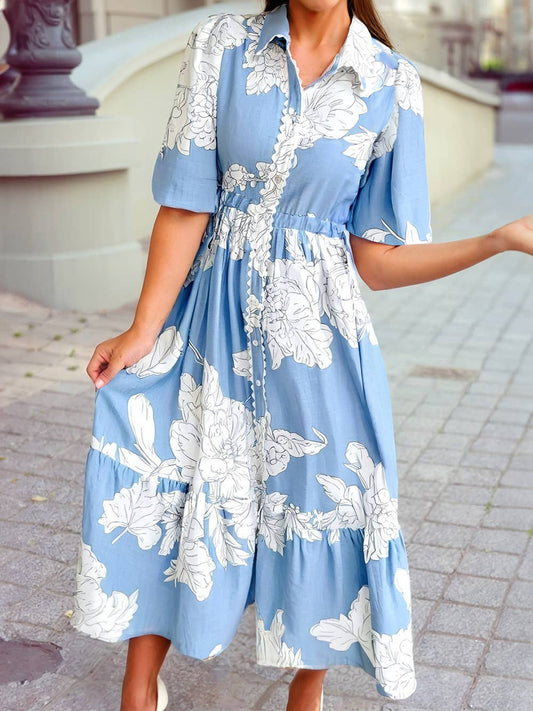 Floral Print Collared Neck Long Sleeve Maxi Dress: Sky Blue