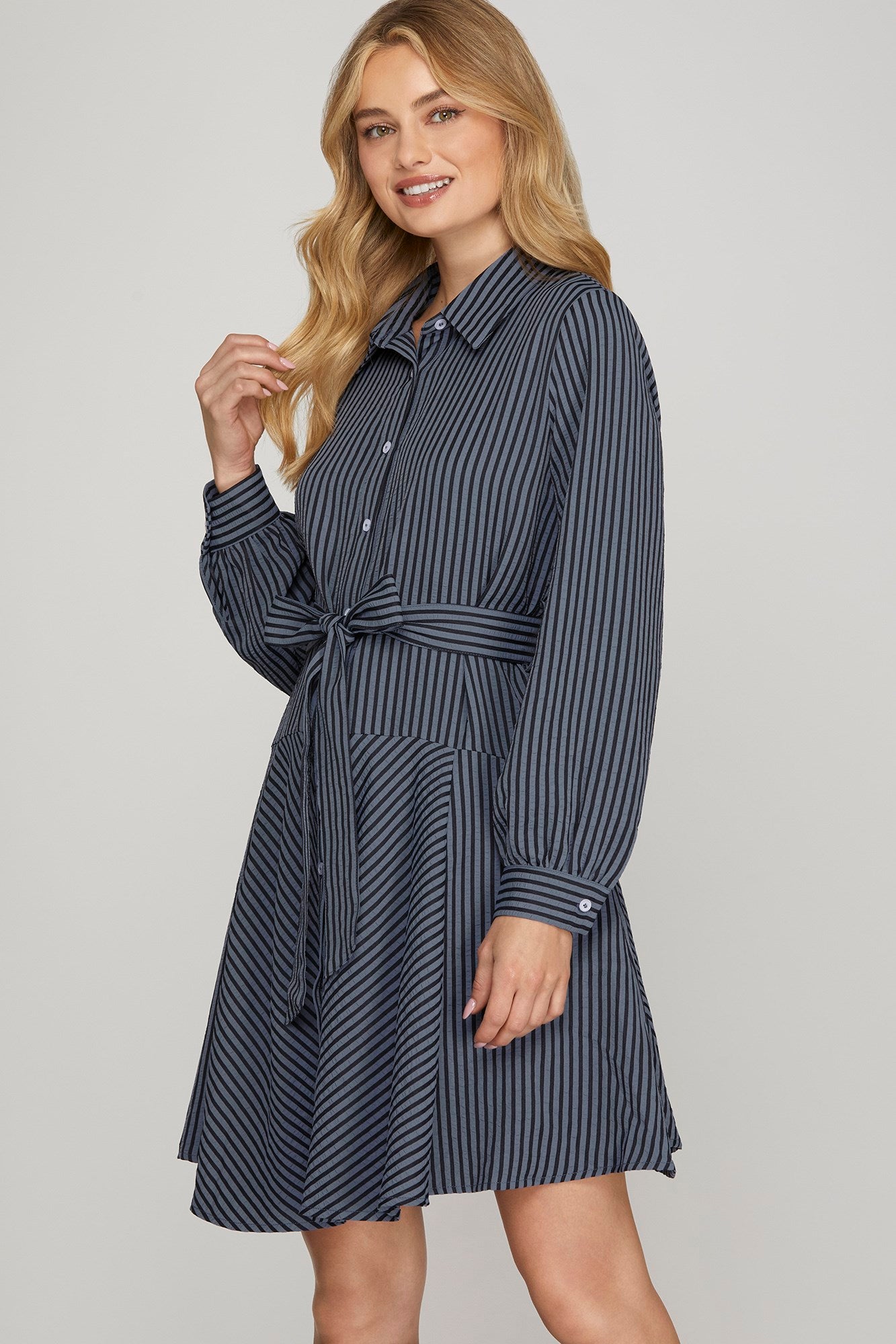 Jane Long Sleeve Belted Navy Dress