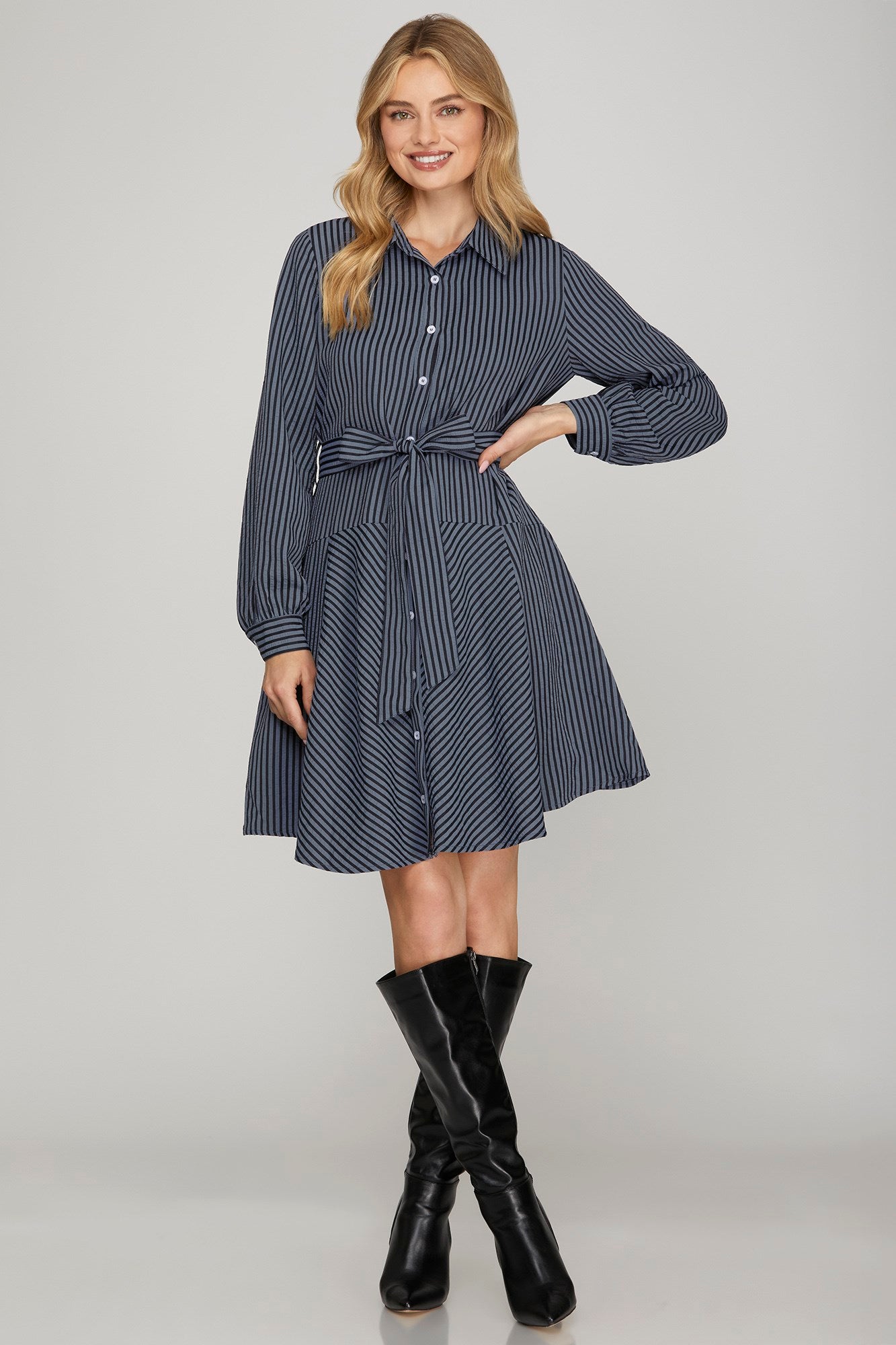 Jane Long Sleeve Belted Navy Dress