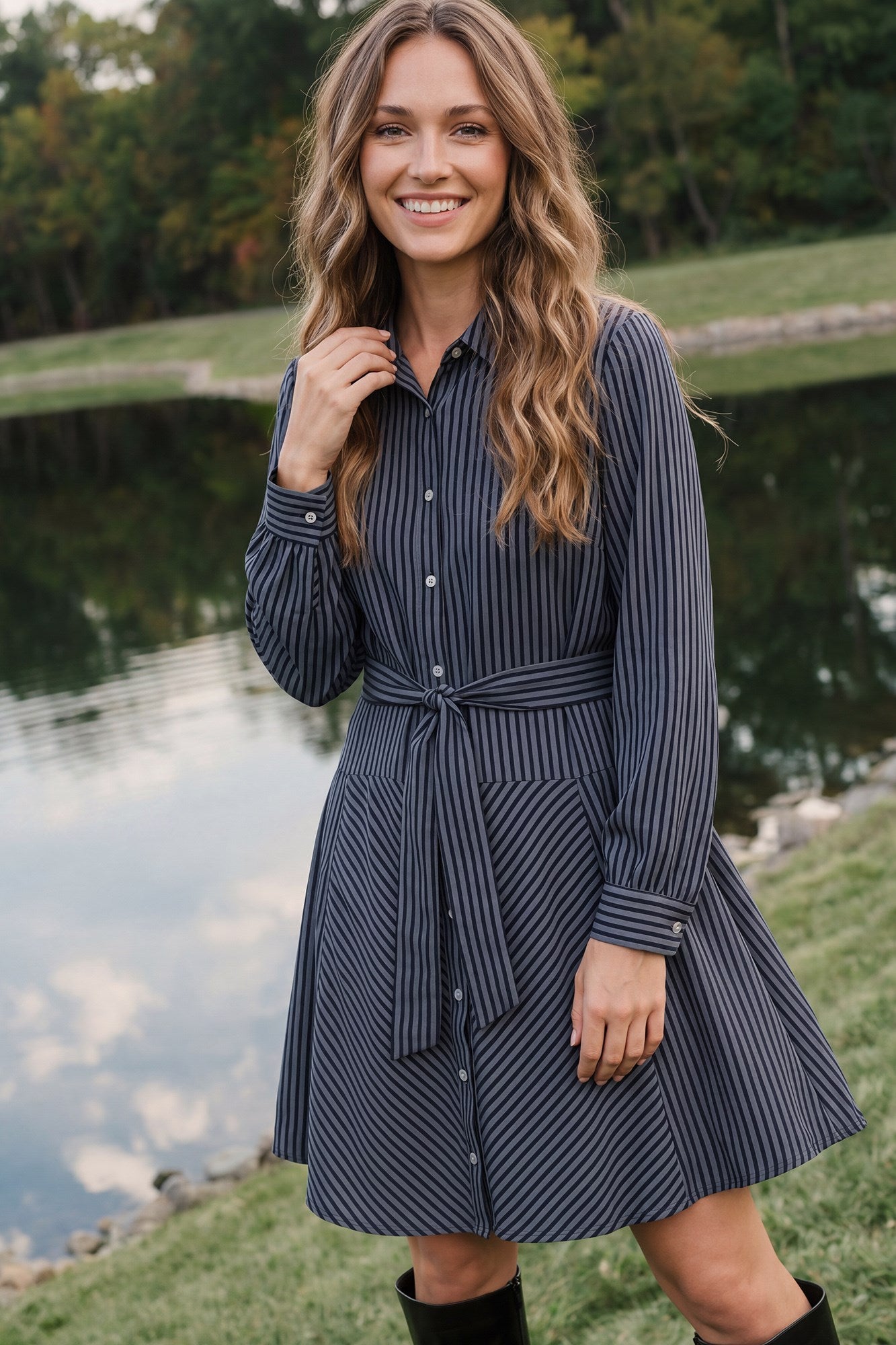 Jane Long Sleeve Belted Navy Dress