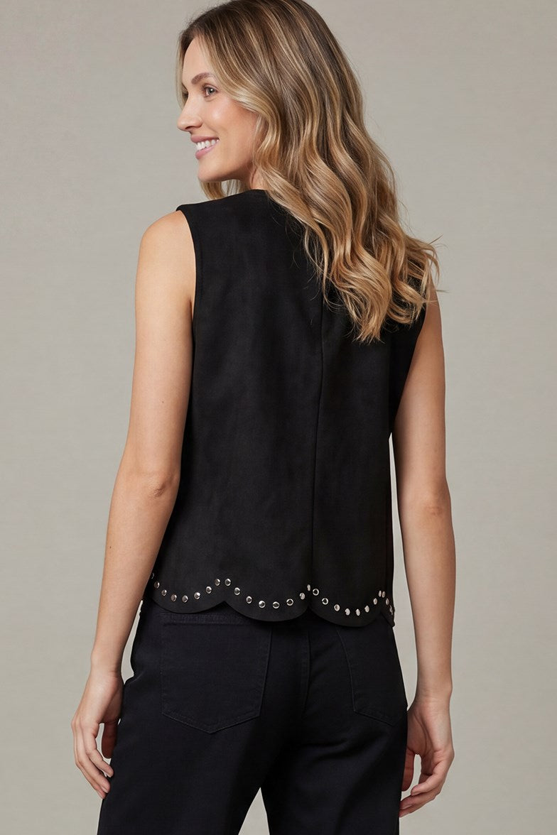Holly Sleeveless Scallop Hem Studded Black Top