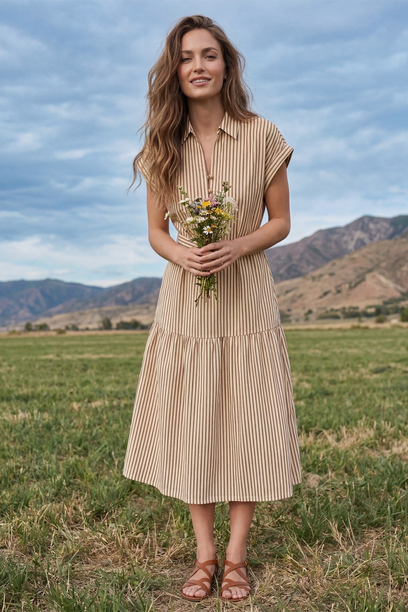 Louise Belted Striped Midi Dress in Mocha