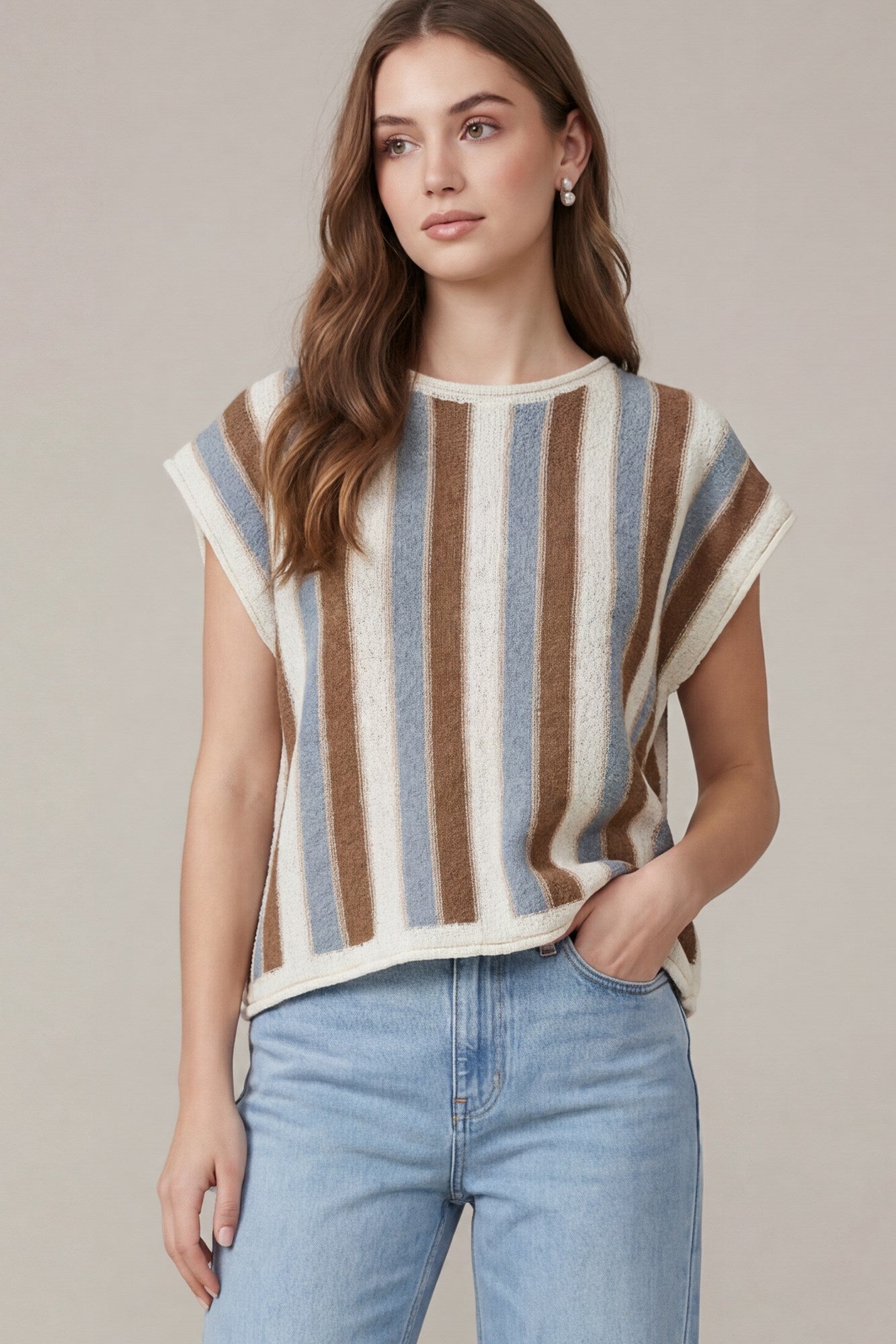 Jen Short Sleeve Striped Knit Sweater
