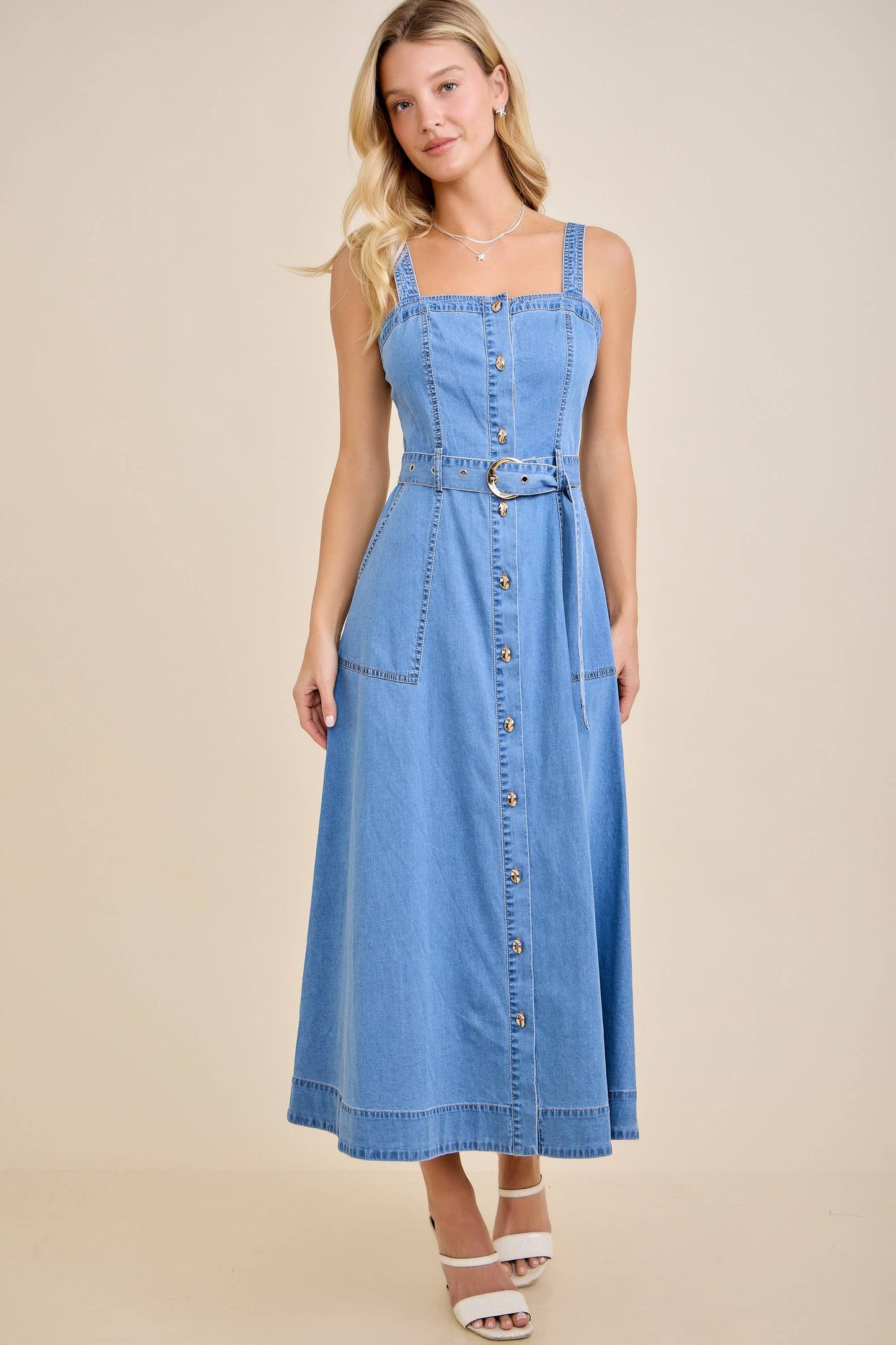 Amber Denim Belted Midi Dress