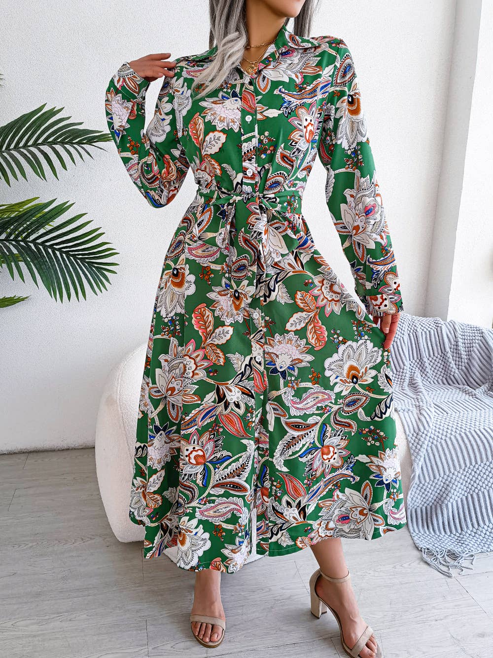 Paisley Print Tie-Waist Midi Shirt Dress