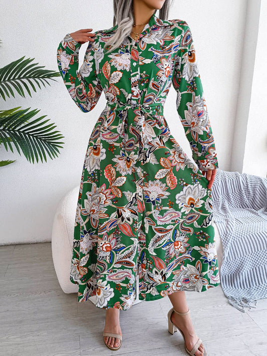 Paisley Print Tie-Waist Midi Shirt Dress