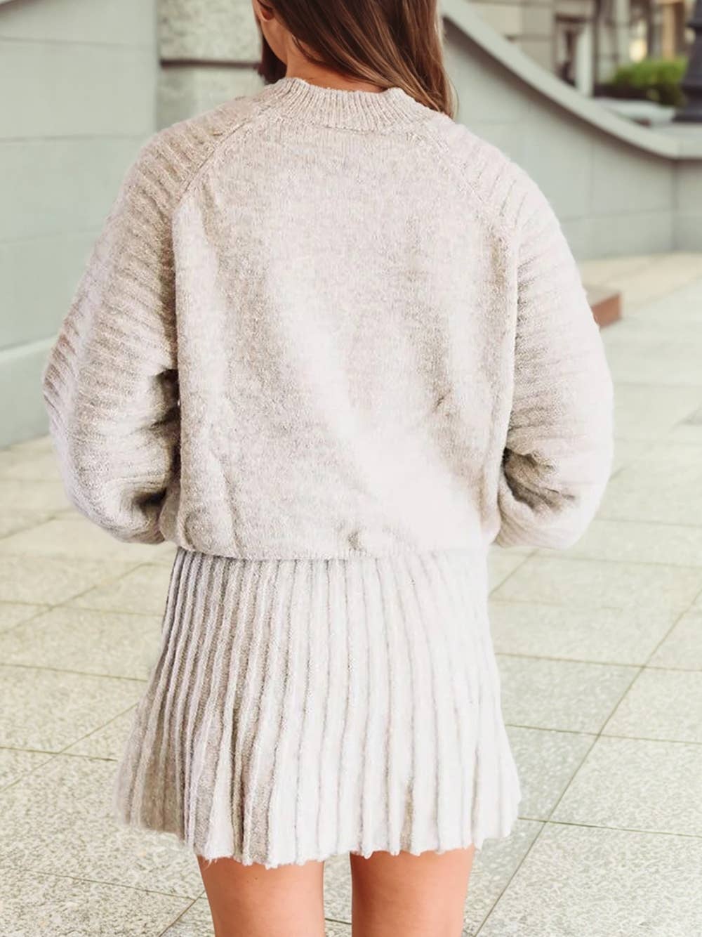 Puff Sleeve Sweater Pleated Mini Skirt 2pcs Knitted Outfit: Camel / Medium