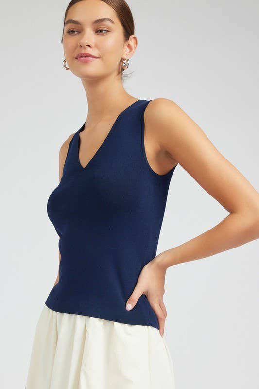 Sleeveless V-neck Sweater Top: Navy