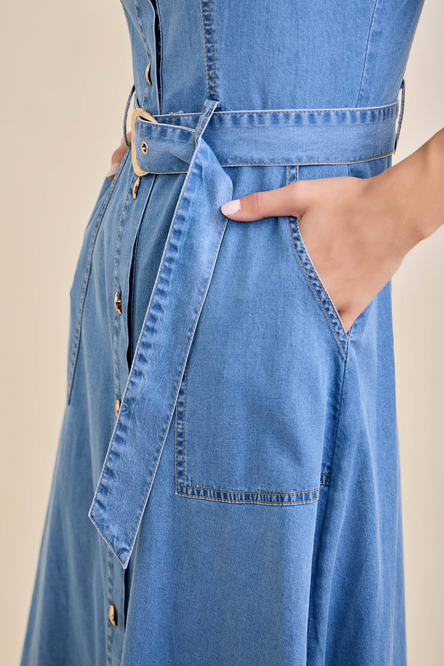 Amber Denim Belted Midi Dress