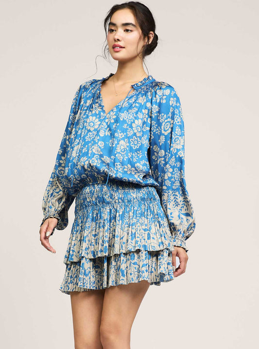 Floral Printed Pleated Mini Dress: Blue Taupe