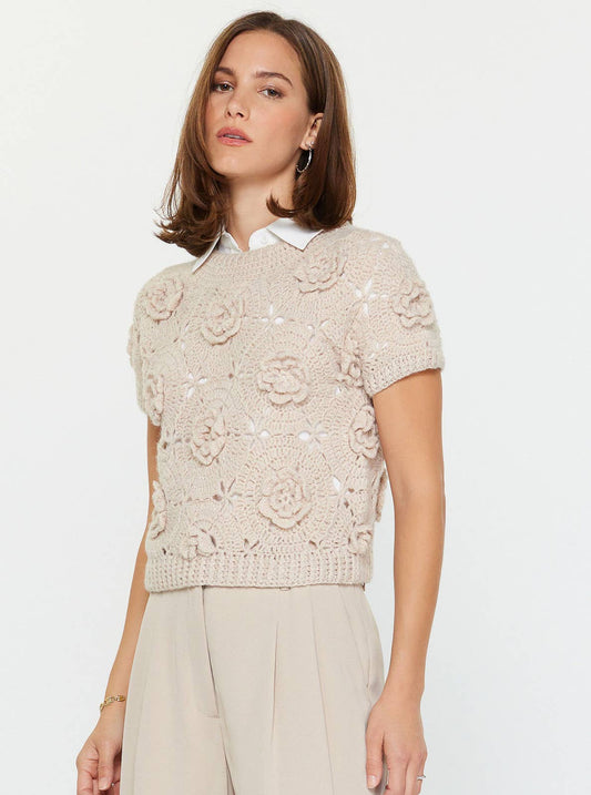 Handmade Flower Crochet Short Sleeve Sweater: Ivory
