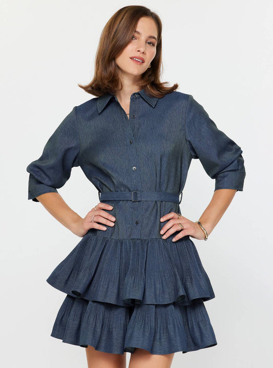 Denim Tiered Mini Shirt Dress: Denim