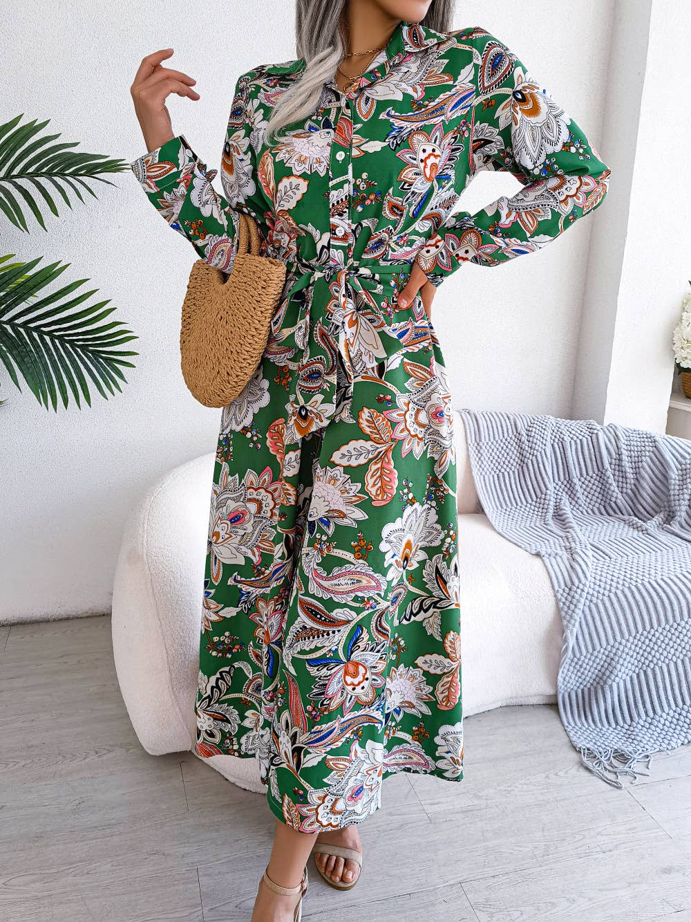 Paisley Print Tie-Waist Midi Shirt Dress
