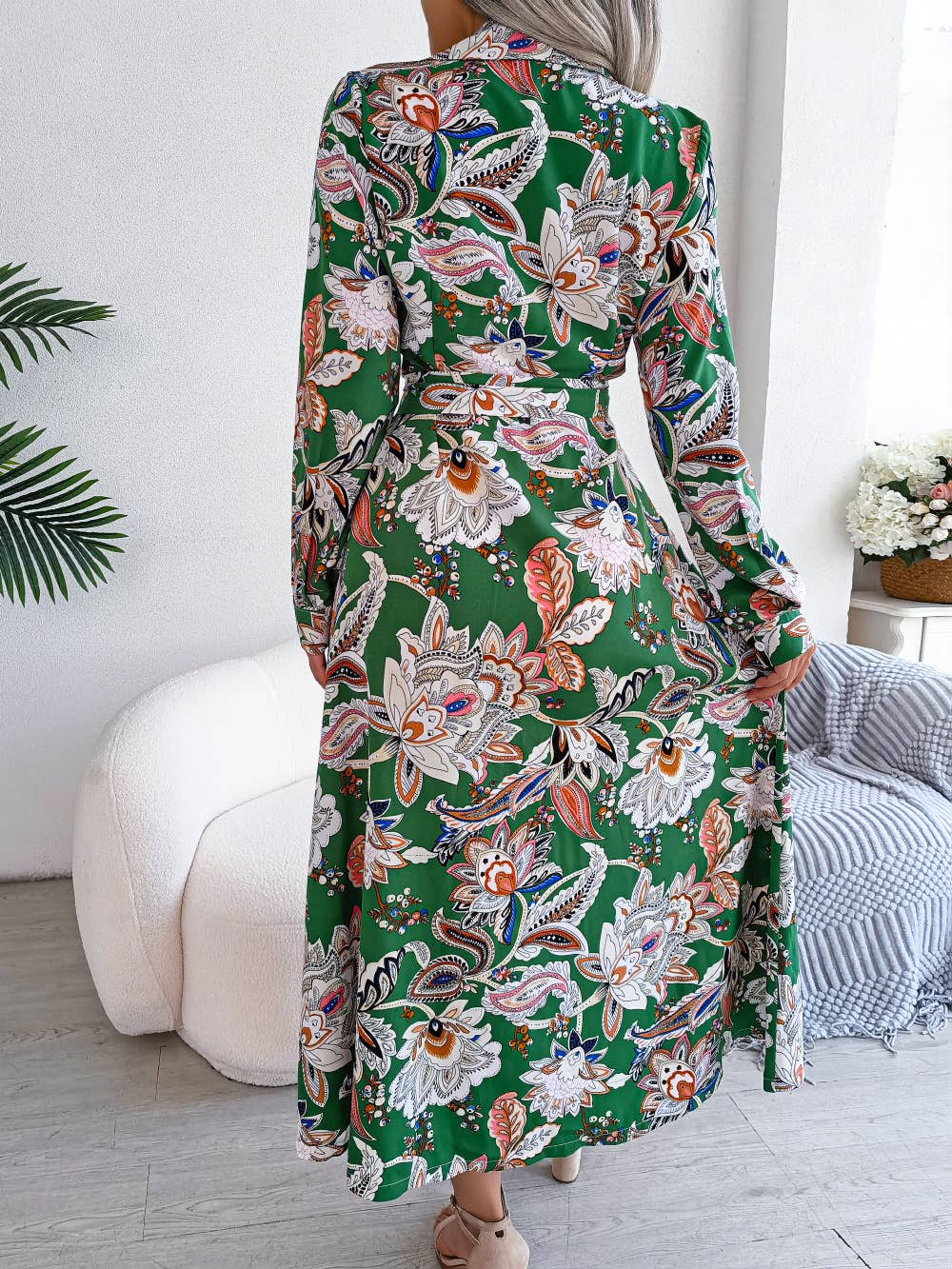 Paisley Print Tie-Waist Midi Shirt Dress