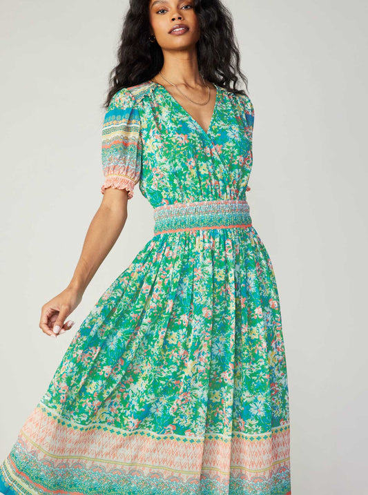 Floral Border Print Surplice Midi Dress: Green Multi