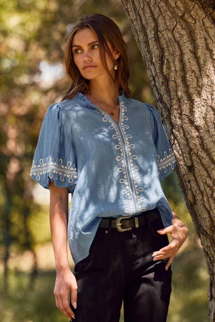 Elsie Embroidered Bubble Sleeve Blouse