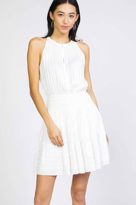 Halter Neck Smocked Waist Mini Dress: White