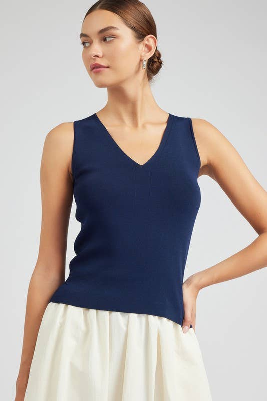 Sleeveless V-neck Sweater Top: Navy
