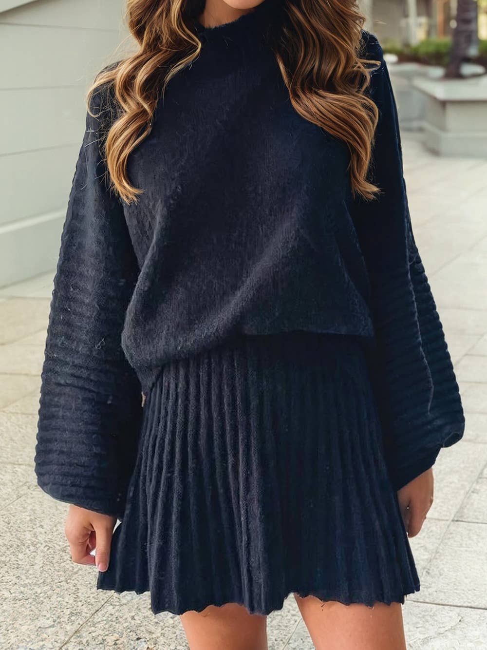 Puff Sleeve Sweater Pleated Mini Skirt 2pcs Knitted Outfit: Camel / Medium