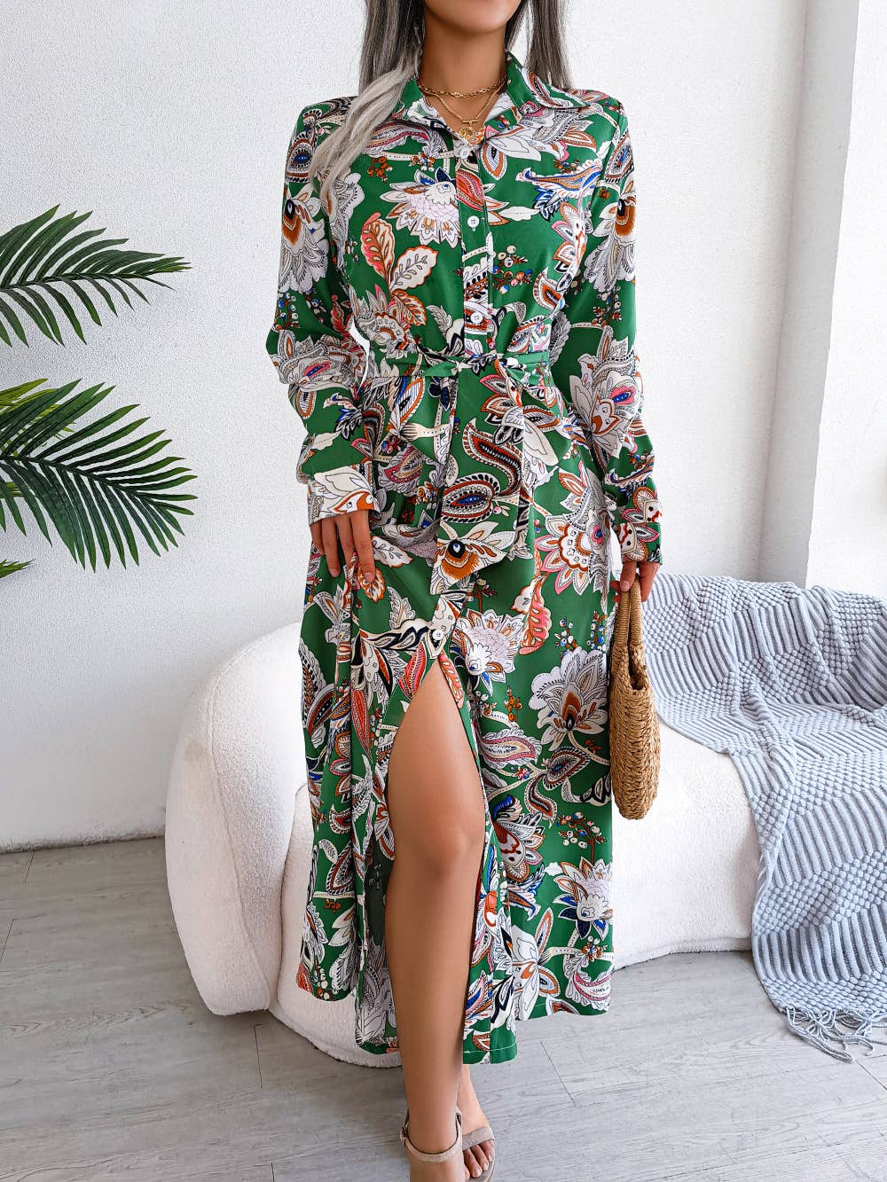 Paisley Print Tie-Waist Midi Shirt Dress