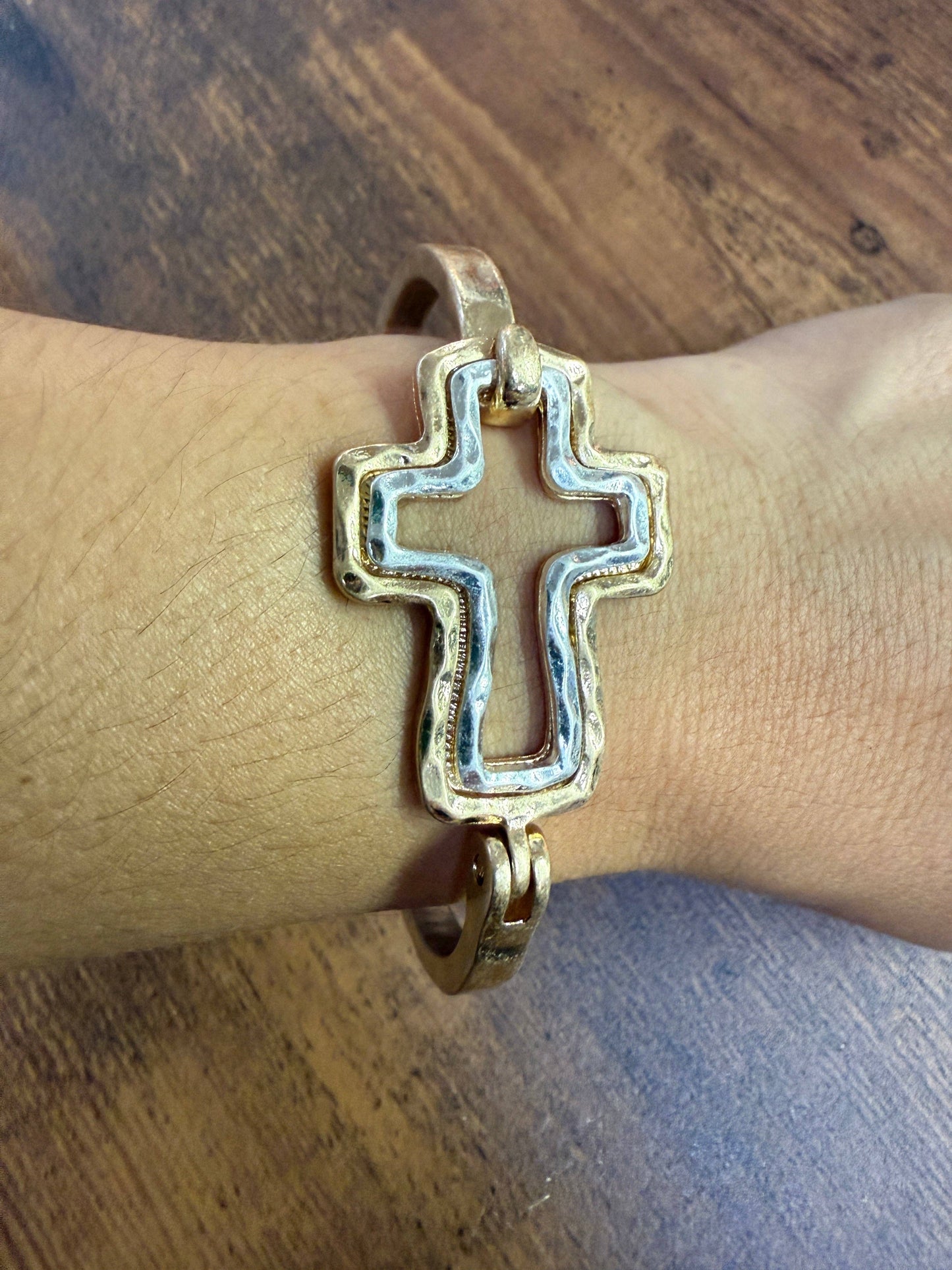 Mixed Metal Cross Cuff Bracelet