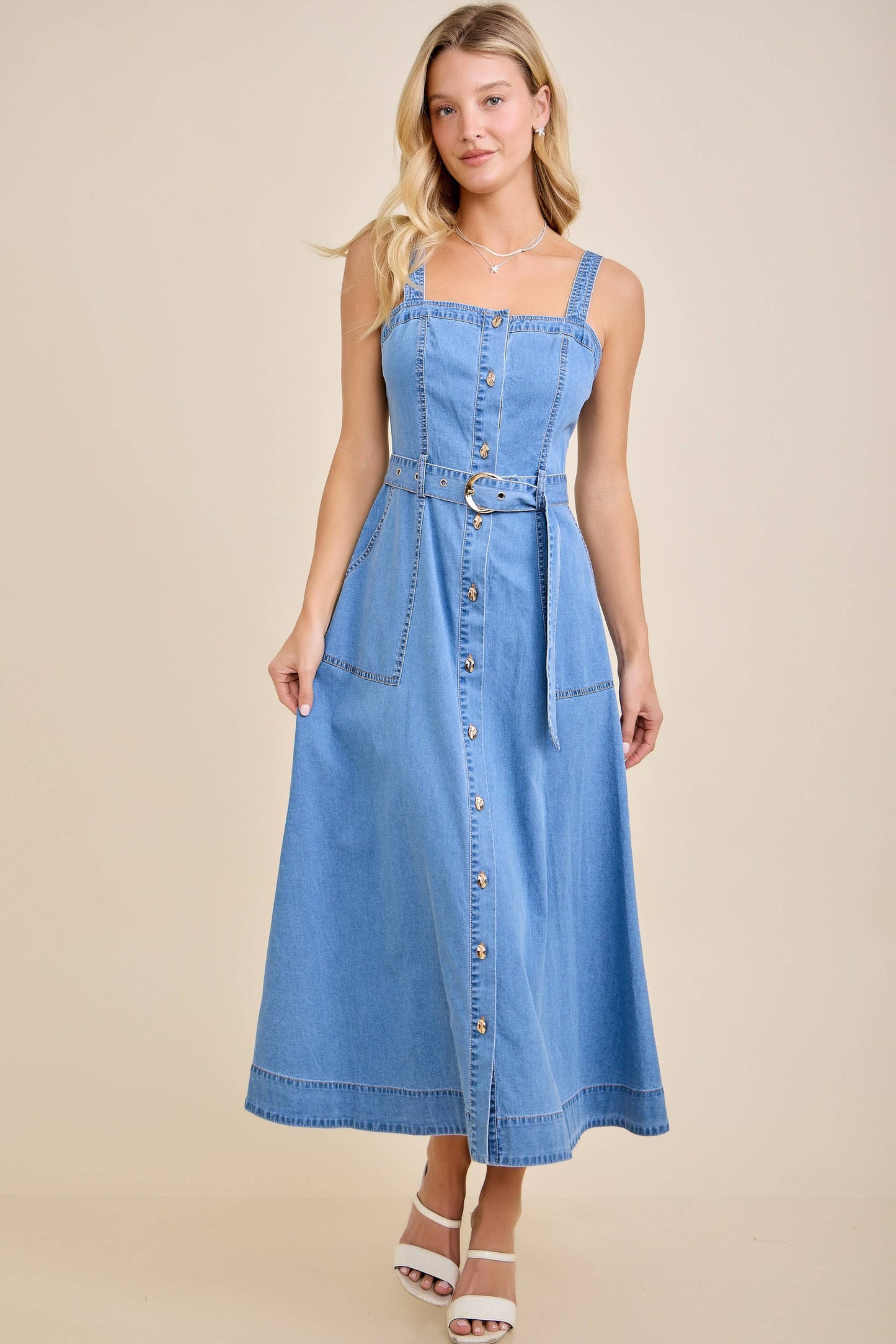 Amber Denim Belted Midi Dress