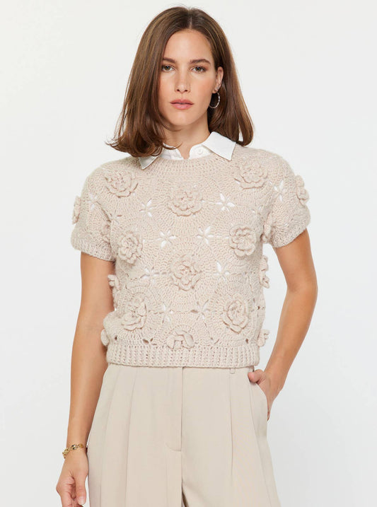 Handmade Flower Crochet Short Sleeve Sweater: Ivory