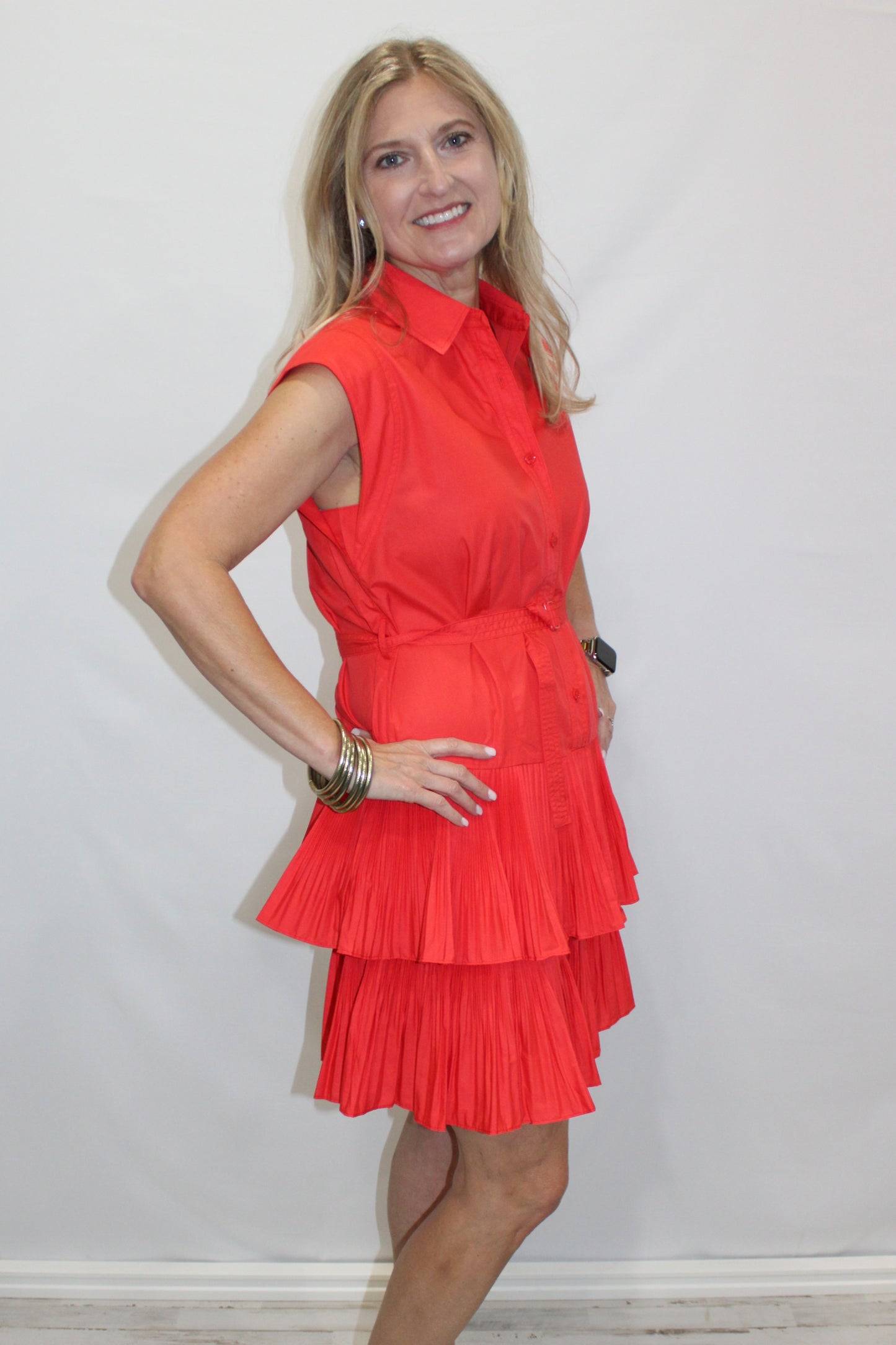 Button Down Tiered Mini Dress with Belt