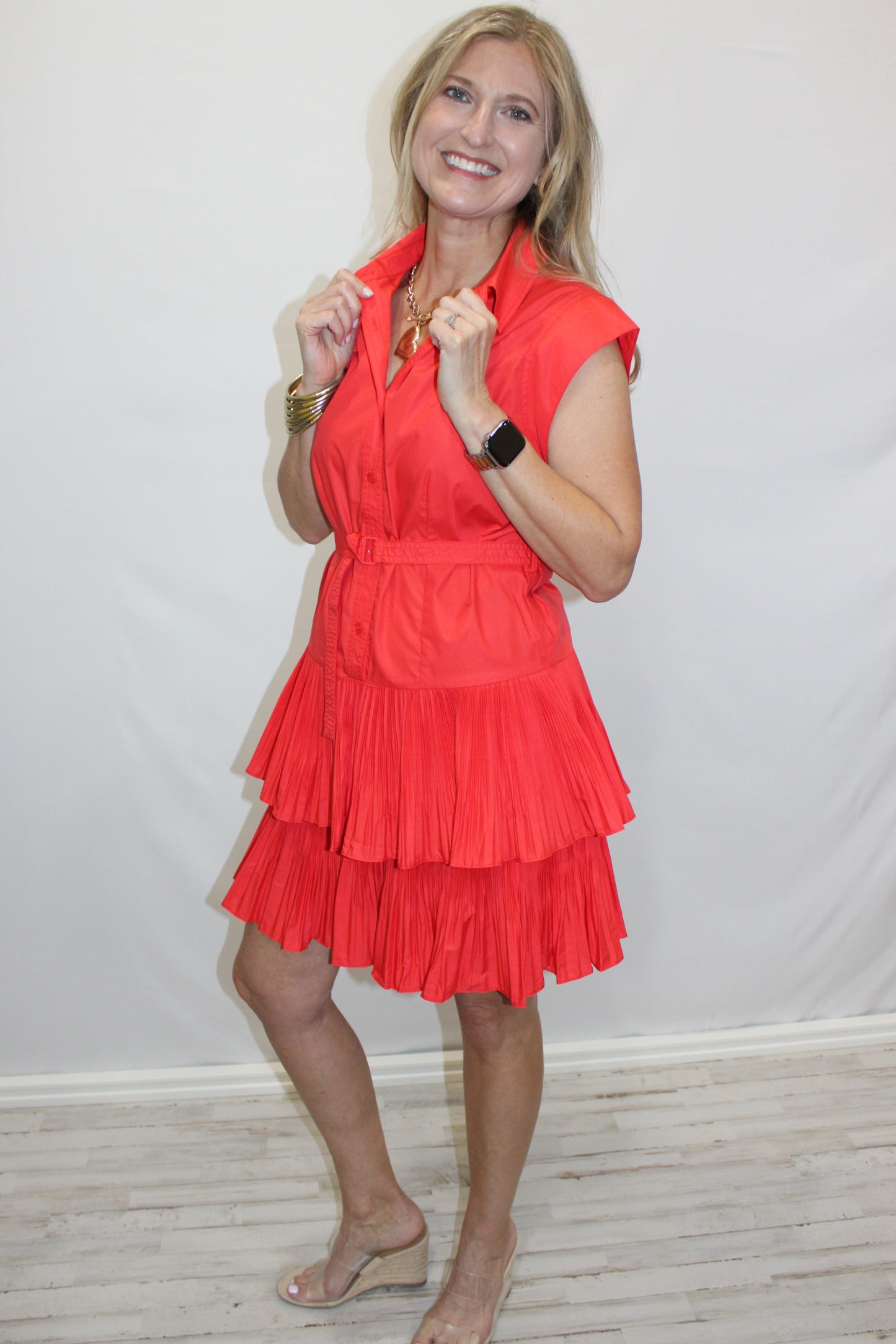 Button Down Tiered Mini Dress with Belt